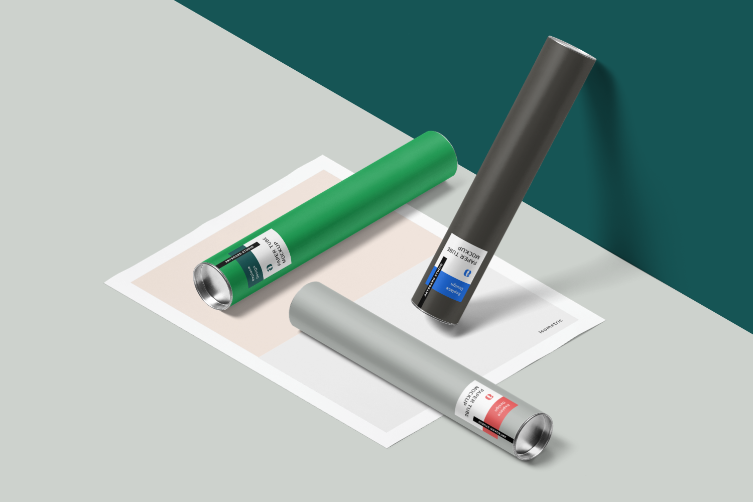 Isometric Paper Tubes Mockup Scene Free Mockup Templates Artboard Studio